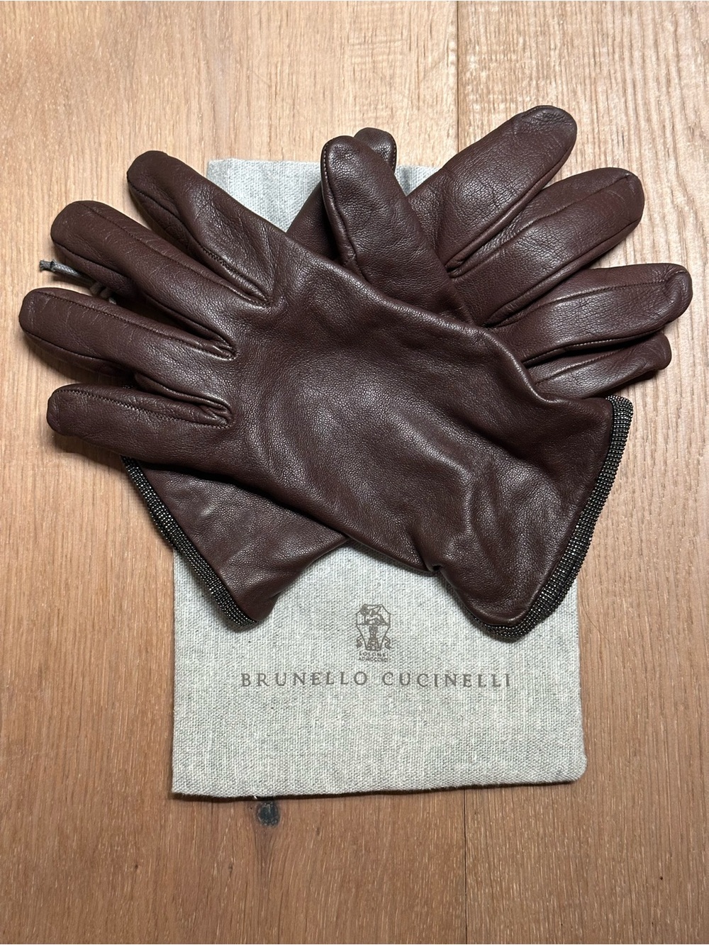 Brunello Cucinelli Dark Brown Leather Gloves with Beading edge